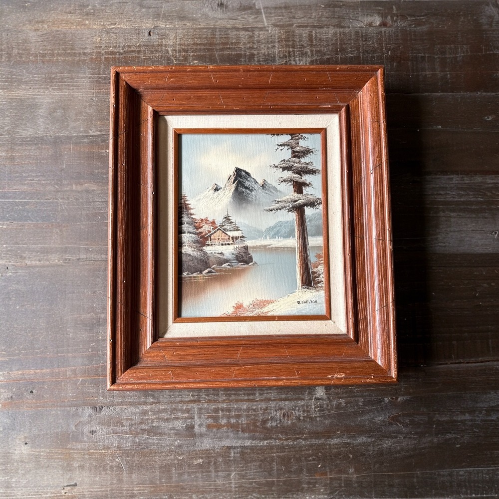 R. Shelton Signed Oil Painting Winter Mountain Cabin Landscape Framed 16"x14"